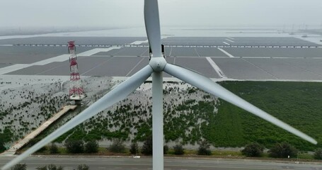 Sticker - Aerial view of Floating solar power plant and wind turbine farm