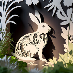 Sticker - Easter Bunny Papercut. Ai Generated Illustration. Diorama Origami Background. Happy Holiday.