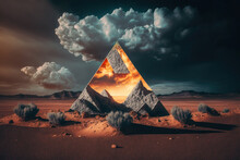 Surreal Desert Landscape With Mirror Triangle, Clouds In The Sky. Abstract Background. Ai Generative