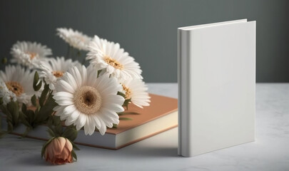  a book with a bunch of white flowers next to it.  generative ai