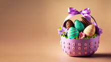 3D Render Of Colorful Egg Shapes, Flowers Inside Basket With Pink Silk Bow Ribbon On Pastel Brown Background And Copy Space. Happy Easter Day Concept.