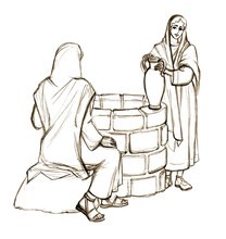Christ And The Samaritan Woman At The Well. Pencil Drawing