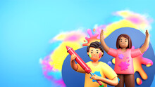 3D Render Of Young Boy And Girl Characters Playing Holi On Multicolor Splash Effect Background With Copy Space. Festival Of Colors Concept.