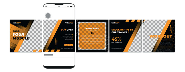 Wall Mural - carousel post design template. gym instagram microblog carousel post. editable social media carousel