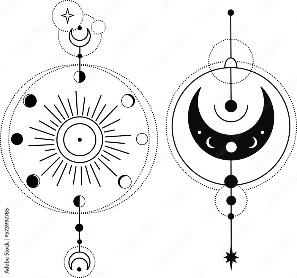 Universal Moon Bohemian Universe Illustration with Moon Phases, Stars and Rays ...