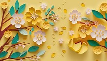  A Paper Cut Of Flowers And Leaves On A Yellow Background With Drops Of Water On The Ground And A Tree Branch With Leaves And Flowers On It.  Generative Ai