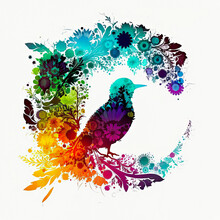 Modern Design With Flowers And Bird Silhouette For T-shirt Printing Design And Various Uses, On White Background, Generative Ai