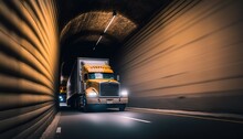 A Semi Truck Driving Through A Tunnel With A Light On It's Head And Lights On The Side Of The Road Behind It,.  Generative Ai
