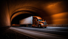  A Large Semi Truck Driving Through A Tunnel At Night With A Bright Light On The Side Of The Truck And The Lights On The Side Of The Road.  Generative Ai