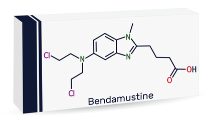 Poster - Bendamustine molecule. It is alkylating agent, used in treatment of lymphocytic leukemia. Skeletal chemical formula. Paper packaging for drugs