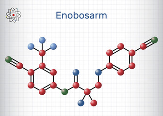 Wall Mural - Enobosarm, ostarine molecule. It is non-steroidal agent with anabolic activity, selective androgen receptor modulator SARM. Structural chemical formula, molecule model. Sheet of paper in a cage