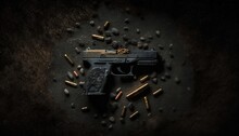  A Gun And Some Bullet Shells On A Dark Surface With A Few Bullet Shells Scattered Around The Gun And The Rest Of The Gun Is Laying On The Ground.  Generative Ai