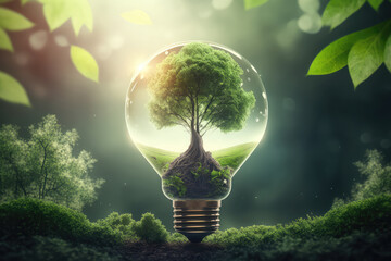 lightbulb with young plant on soil and sunshine. concept saving energy in nature. (ai generated)