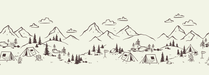 Wall Mural - cute hand drawn seamless pattern with camping doodles, tents, landscape and trails, great for textil