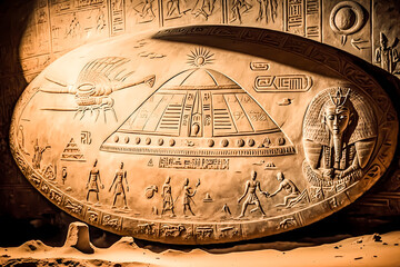 old egyptian hieroglyphs with ufo aliens on ancient background. concept humanoid flying saucer histo