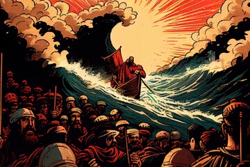 Exodus of the bible Moses crossing the Red Sea, with the Israelites, escape from the Egyptians, painting style, illustration. Generative AI