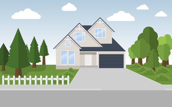exterior of the residential house, front view. house with large garden on a street in summer. vector