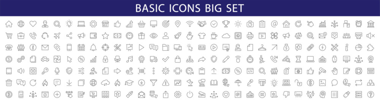 basic icons set. thin line icons collection. business, media, shopping, finance, contact, technology
