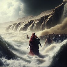 Exodus Of The Bible Moses Crossing The Red Sea, With The Israelites, Escape From The Egyptians. Generative AI