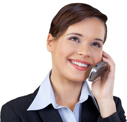 Wall Mural - Close-up portrait of young businesswoman using mobile isolated on white background