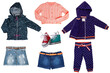 Collage set of girl spring summer clothes isolated. Female kids apparel collection. Child baby fashion clothing outfit. Colorful stylish jeans skirts, sweater, jackets, pants, shoes wearing.