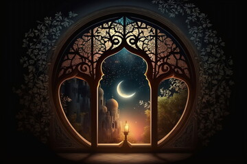 Wall Mural - Window of Muslim mosque on fantastic night. Ai generative.