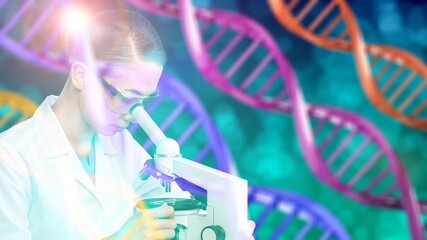 Wall Mural - research concept background with molecule dna and scientist