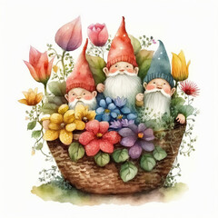 Wall Mural - Cute garden gnomes in basket full spring flowers watercolor Generative AI illustration