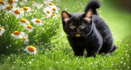 Wall Mural - The Sweetest Springtime: A Black Kitten Amongst the Daisies generative AI