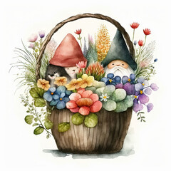 Wall Mural - Garden gnome in basket full spring flowers watercolor Generative AI easter illustration