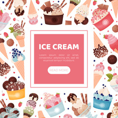 Poster - Tasty Ice Cream Banner Design with Frozen Dessert in Waffle Cone and Cup Vector Template