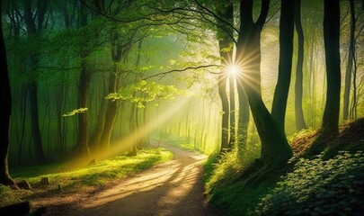 Wall Mural - the sun shines through the trees in the forest on a path. generative ai