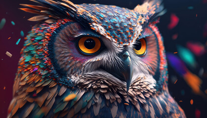 Abstract animal Owl portrait with colorful double exposure paint with Generative AI.