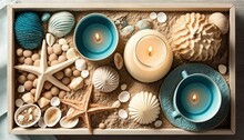  A Box Filled With Candles And Seashells On Top Of A Table.  Generative Ai