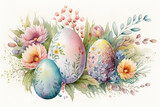 Fototapeta Mapy - Decorated easter eggs in the grass with spring flowers, watercolor Generative AI illustration