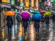 People walking the city street on a rainy night with colorful umbrellas. AI Generative Illustrations
