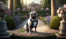  A Painting Of A Pug In A Tuxedo Sitting In A Garden With A Vase Of Flowers And A Gazebo In The Background.  Generative Ai