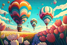 Tourist Multi-colored Balloons In The Sky Over A Blooming Spring Field Of Flowers. Generative AI
