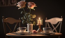  A Table Topped With Two Cups And A Vase Filled With Roses Next To A Lit Candle And A Candle Holder On A Table With Two Chairs.  Generative Ai