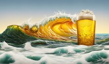  A Painting Of A Beer In The Middle Of The Ocean With A Wave Coming Up From The Bottom Of The Picture And A Beer In The Middle Of The Picture.  Generative Ai