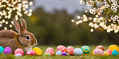 Happy easter! Eastern Cute easter bunny meadow / rabbit / grass / nature / Easter Eggs / Ostern / Eastern - Decoration concept for greetings and presents on Easter Day celebrate time / Copy Space / Sp