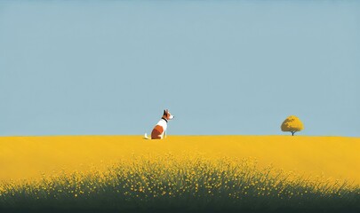  a painting of a dog sitting in a field of yellow flowers with a tree in the background and a blue sky in the background with a few clouds.  generative ai