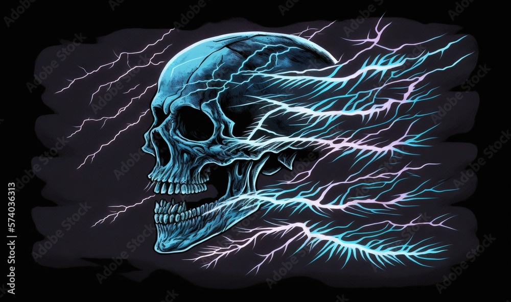  a skull with a lightning bolt in its mouth and a lightning bolt in the back of it's head, on a black background.  generative ai