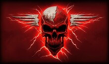  A Red Skull With Two Wings On It's Head And A Lightning Bolt In The Middle Of The Skull's Head, With A Red Background Of Red And White Lightning.  Generative Ai
