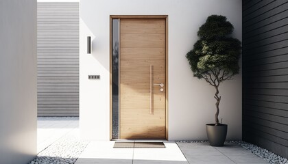 Modern entrance, simple wooden front door 