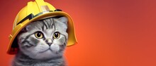 Rescuer Cat Firefighter Safety Instructor Wears Helmet. Ready To Help You In Case Of Fire, Earthquake, Natural Disaster. Copy Space. 21:9 Aspect Ratio.