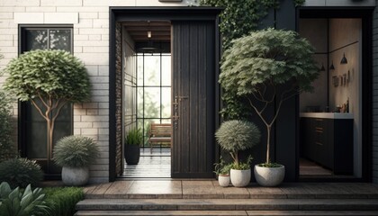 Modern entrance, black simple door for a luxury house