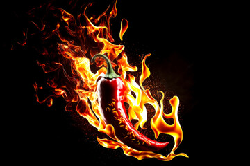 Wall Mural - Hot red chili pepper on fire isolated on black background. Design element