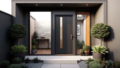 Modern entrance, black simple door for a luxury house
