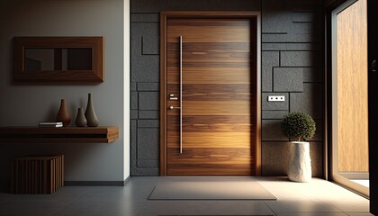 Modern entrance, simple wooden front door for a luxury house 